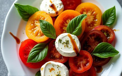 Fresh Caprese salad with vibrant heirloom tomatoes, creamy mozzarella, and basil
