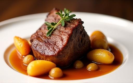Slow-cooked lamb shoulder with root vegetables and jus