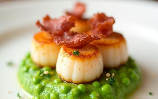 Pan-seared scallops on a light pea puree with crispy pancetta