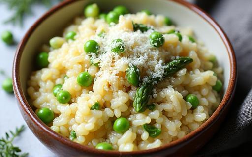 Creamy seasonal risotto with fresh vegetables like asparagus and peas
