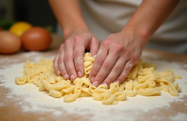 Hands kneading pasta dough during a workshop session