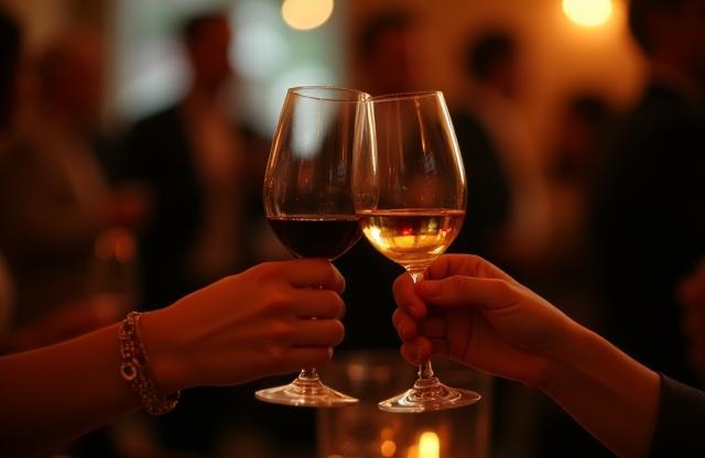 Wine glasses being clinked together at a tasting event with a warm backdrop