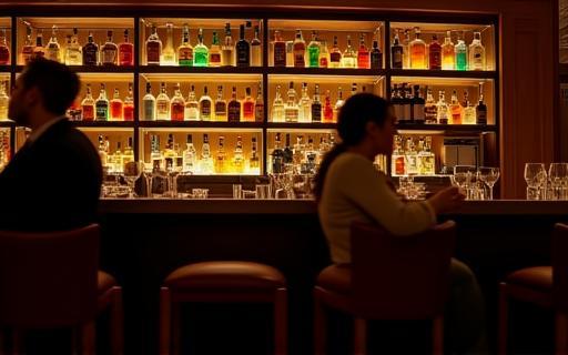 Well-stocked bar area at evening with soft lighting and bar stools