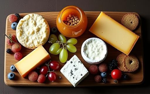 Gourmet cheese platter with fruits and crackers on a wooden board