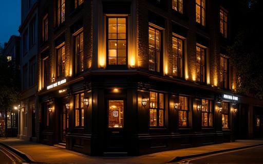 Exterior view of The Flinders Lane Kitchen restaurant at night illuminated with warm lights