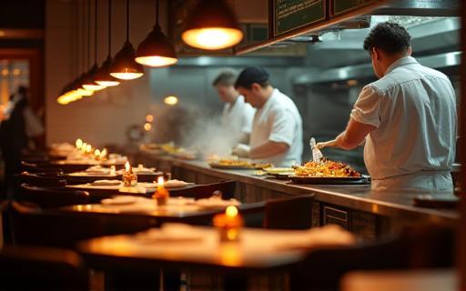 View into the open kitchen showing chefs actively cooking and plating food