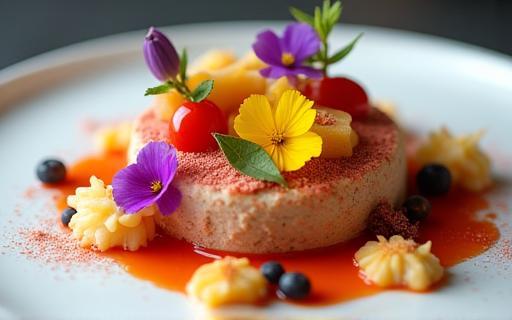 Artistically plated dessert with intricate details and edible flowers