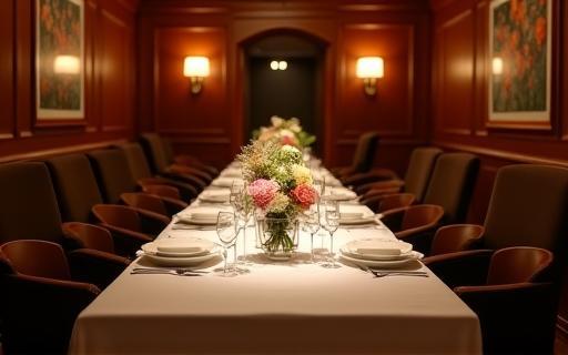 Elegant setup in a private dining room with a long table and floral arrangements