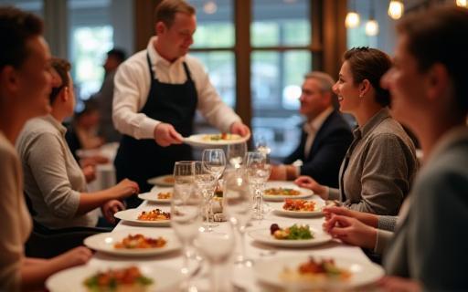 Professional waitstaff serving food to a table of smiling guests in the restaurant